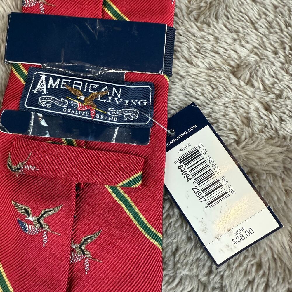 NEW American Living Red Diagonal Stripe Eagle With Flag Silk Patriotic Neck Tie - Picture 5 of 7